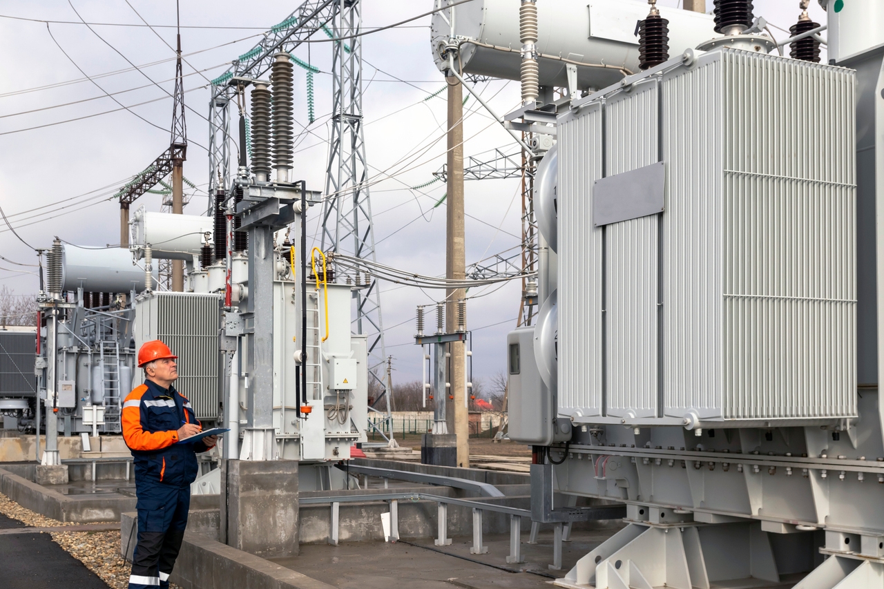 Utility engineer inspecting high-voltage electrical infrastructure